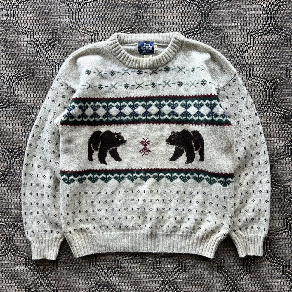 Vintage Woolrich Sweater Mens Large Gray Wool Blend Bear Fair Isle Cabin Cottage